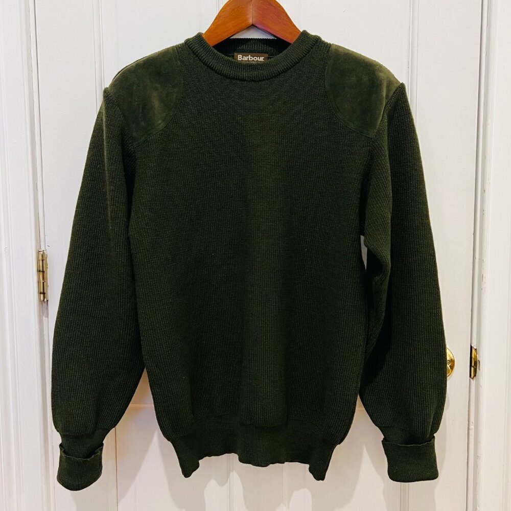 Barbour 100% Wool Suede leather Shoulder & Elbow Patch Gun Sweater Size Medium - Picture 2 of 16